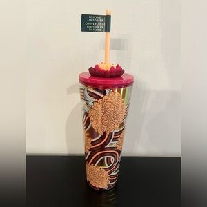 Starbucks 2024 Holiday Metallic Floral Tumbler with Succulent Charm Flower Lid